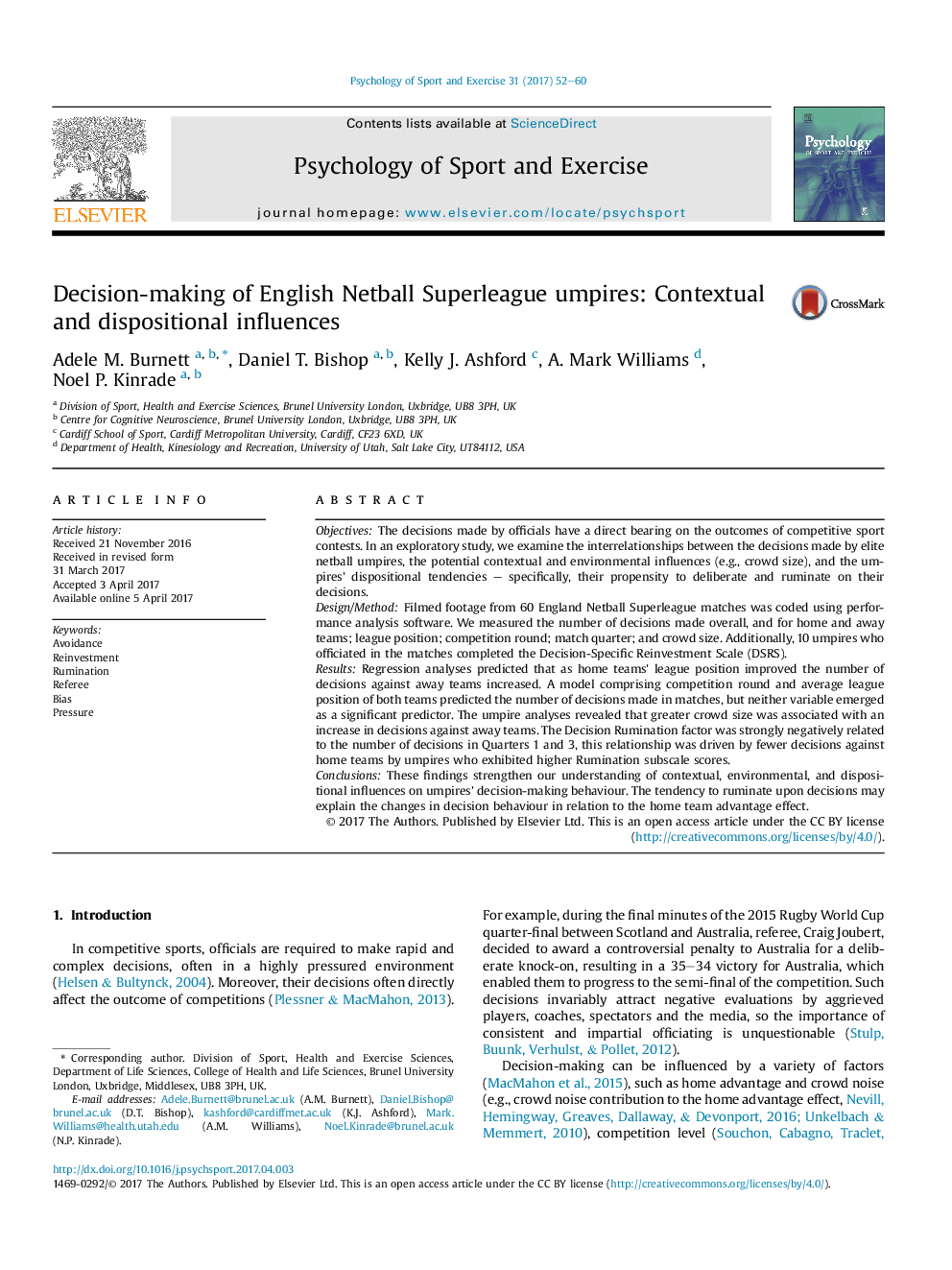 Decision-making of English Netball Superleague umpires: Contextual and dispositional influences