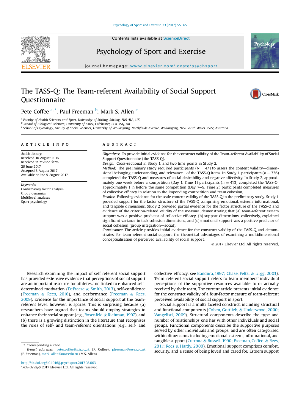 The TASS-Q: The Team-referent Availability of Social Support Questionnaire