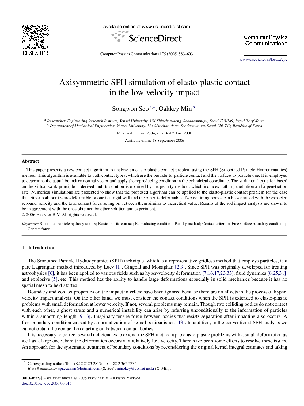 Axisymmetric SPH simulation of elasto-plastic contact in the low velocity impact