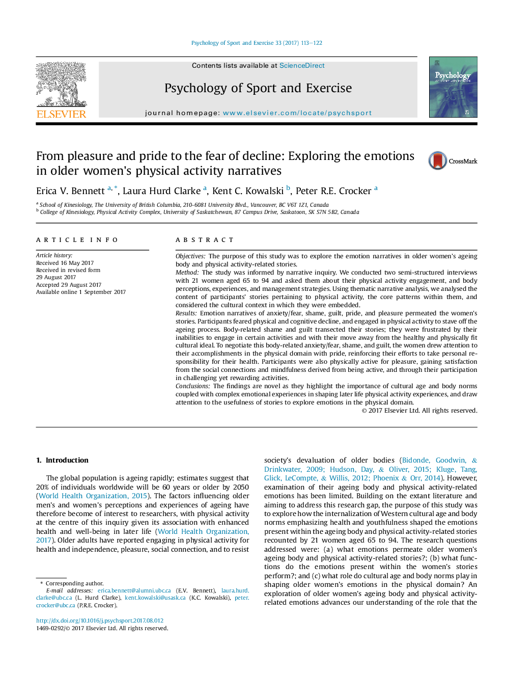 From pleasure and pride to the fear of decline: Exploring the emotions in older women's physical activity narratives