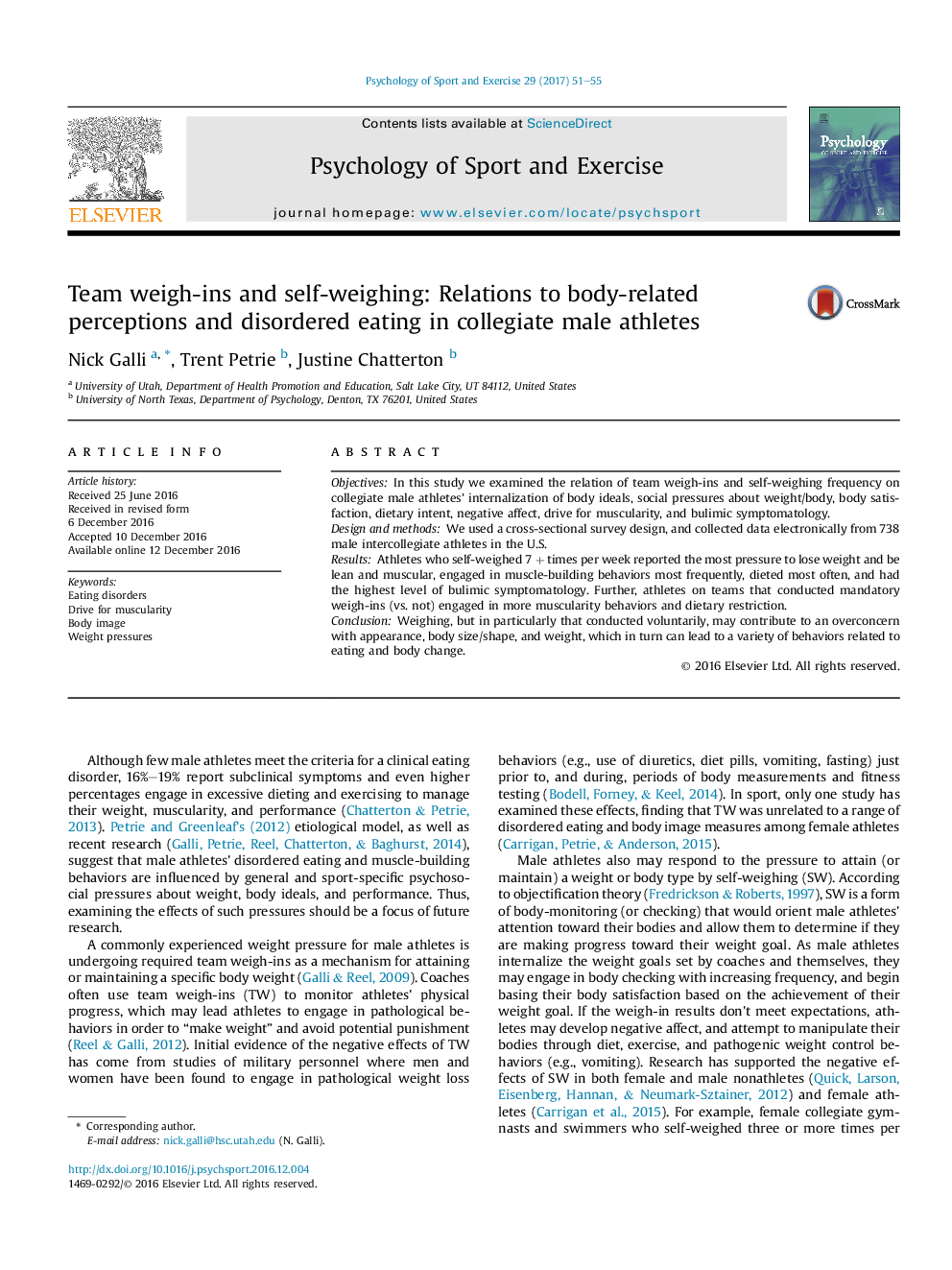 Team weigh-ins and self-weighing: Relations to body-related perceptions and disordered eating in collegiate male athletes