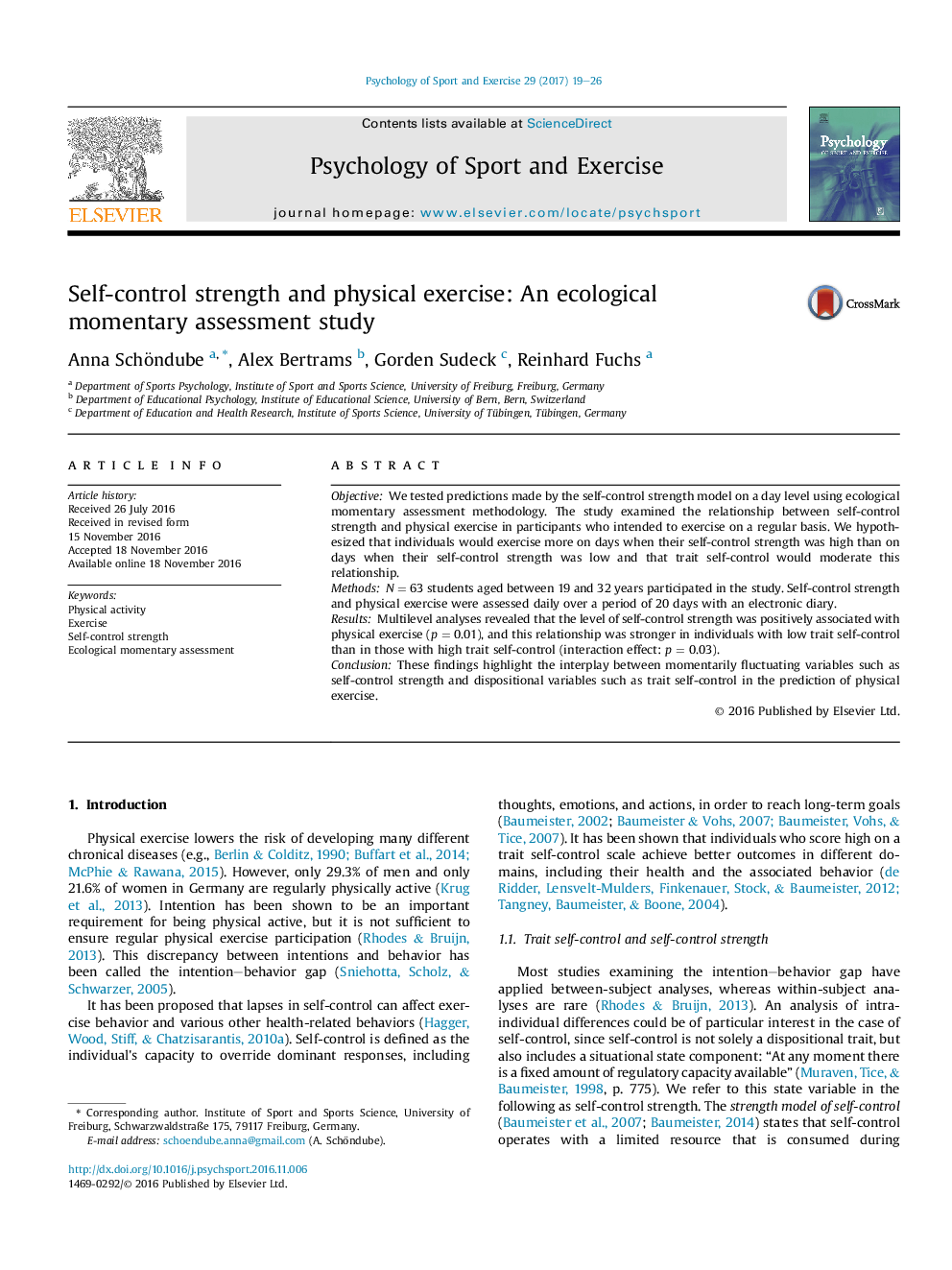 Self-control strength and physical exercise: An ecological momentary assessment study