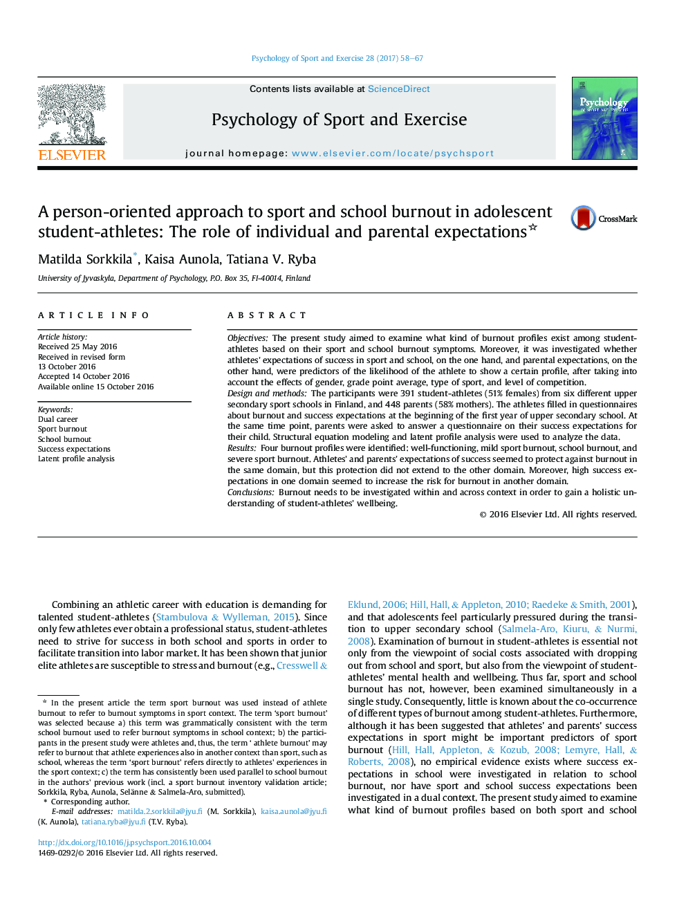 A person-oriented approach to sport and school burnout in adolescent student-athletes: The role of individual and parental expectations