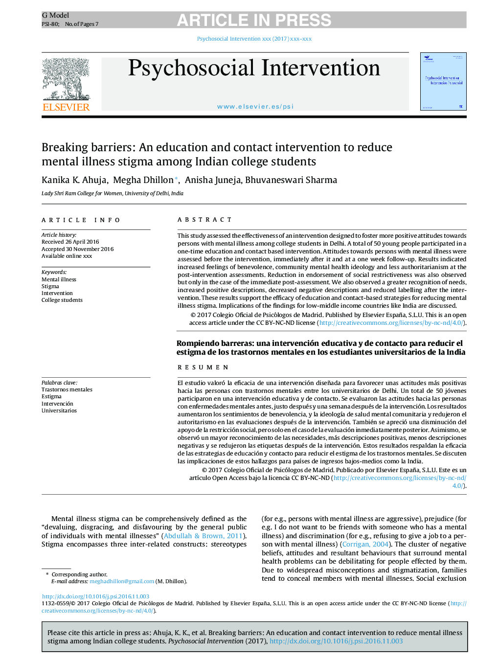 Breaking barriers: An education and contact intervention to reduce mental illness stigma among Indian college students