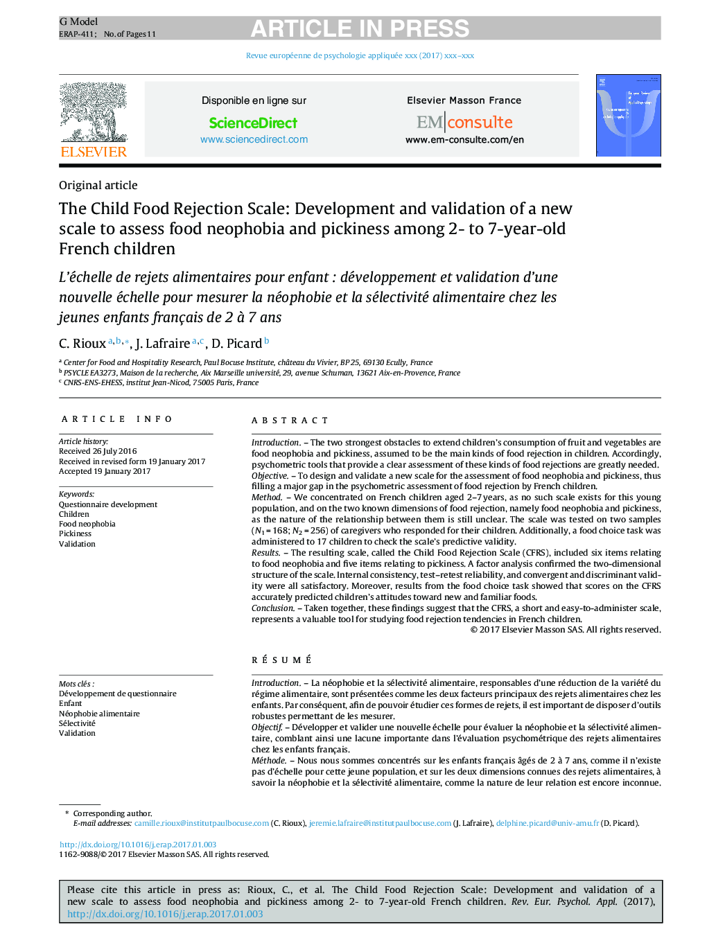 The Child Food Rejection Scale: Development and validation of a new scale to assess food neophobia and pickiness among 2- to 7-year-old French children