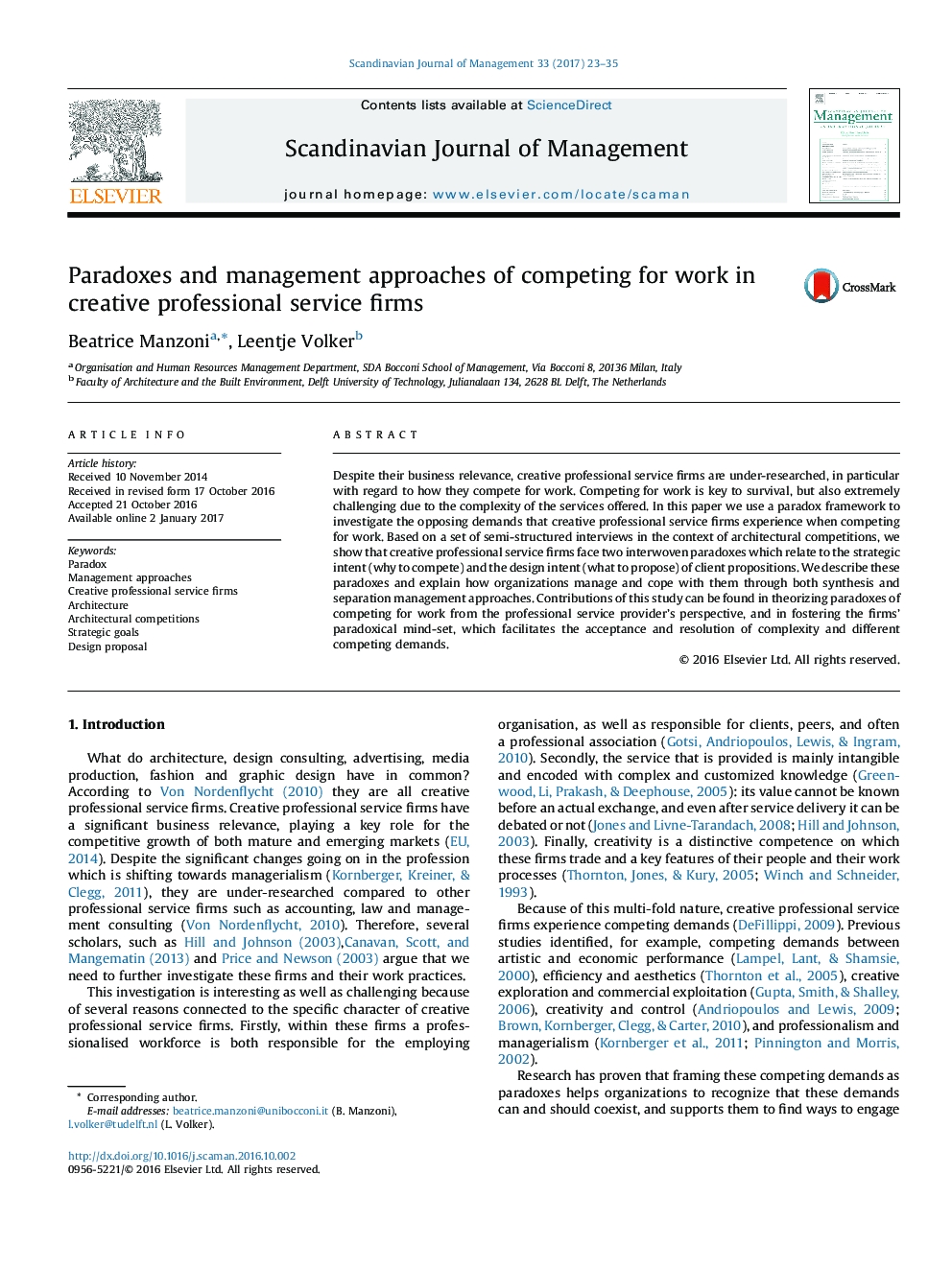 Paradoxes and management approaches of competing for work in creative professional service firms