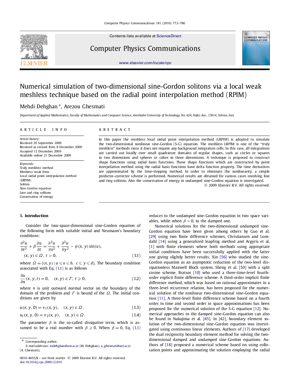 Numerical simulation of two-dimensional sine-Gordon solitons via a local weak meshless technique based on the radial point interpolation method (RPIM)