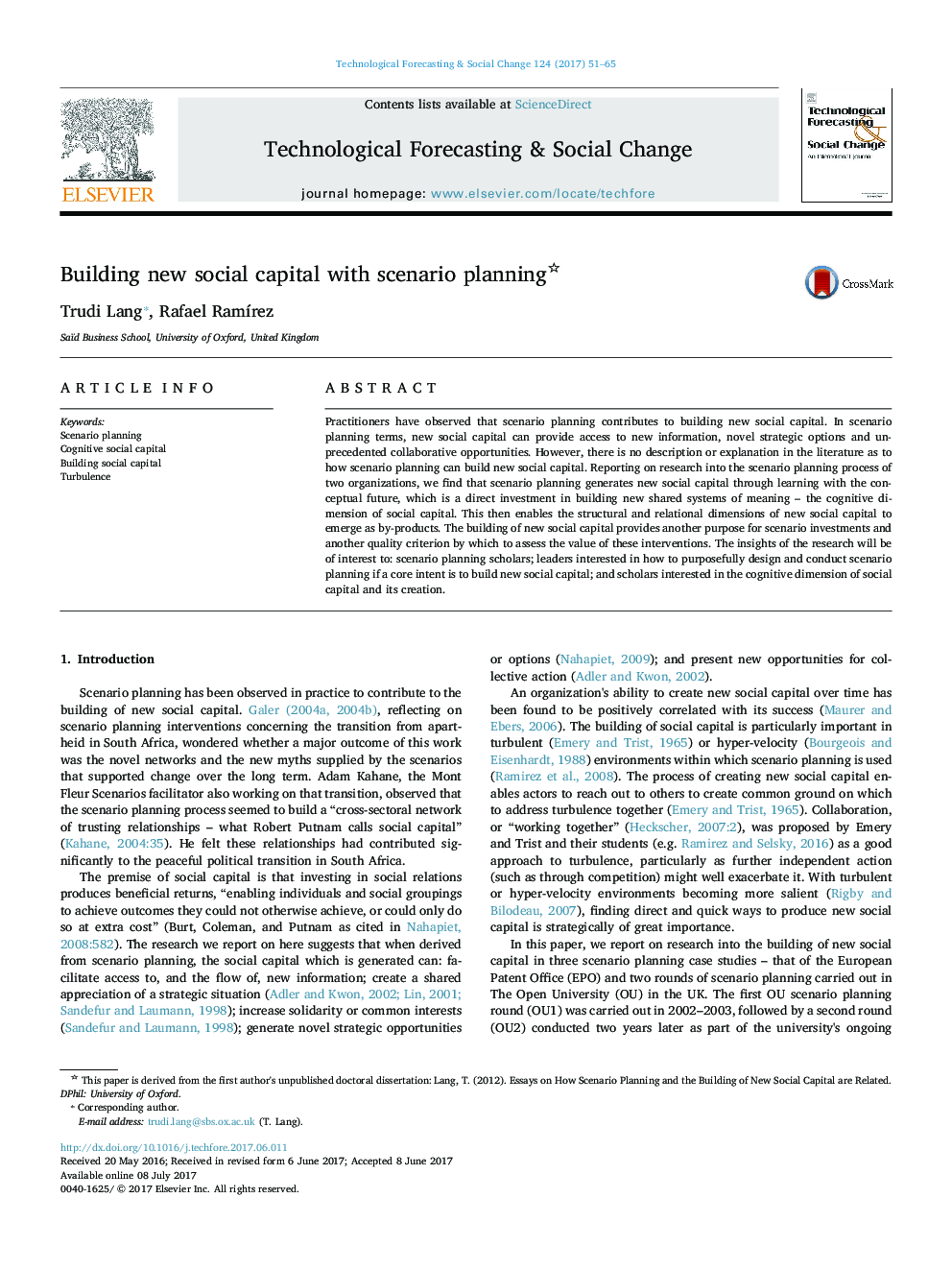 Building new social capital with scenario planning