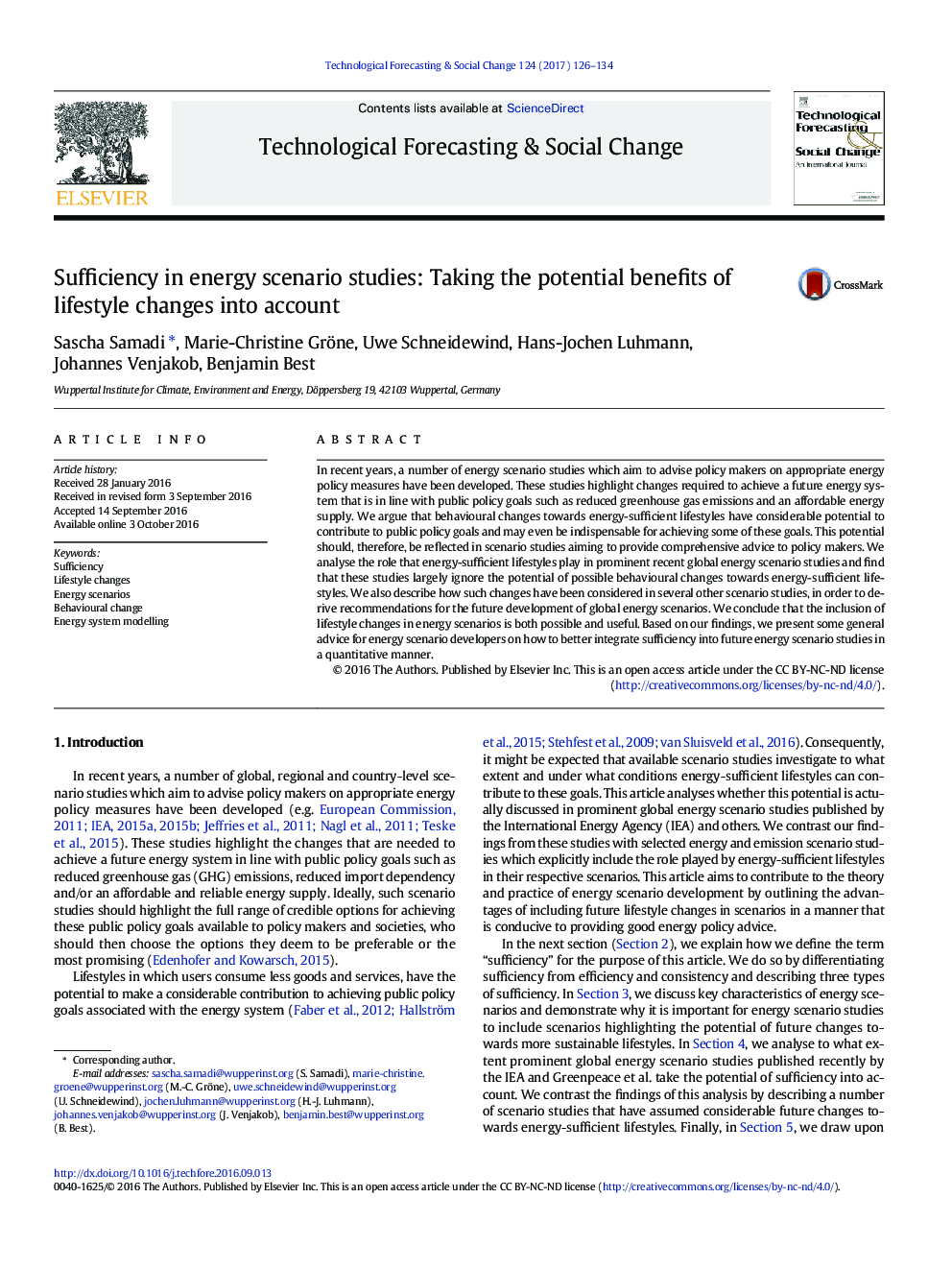 Sufficiency in energy scenario studies: Taking the potential benefits of lifestyle changes into account