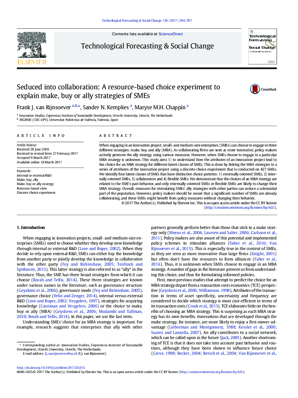 Seduced into collaboration: A resource-based choice experiment to explain make, buy or ally strategies of SMEs