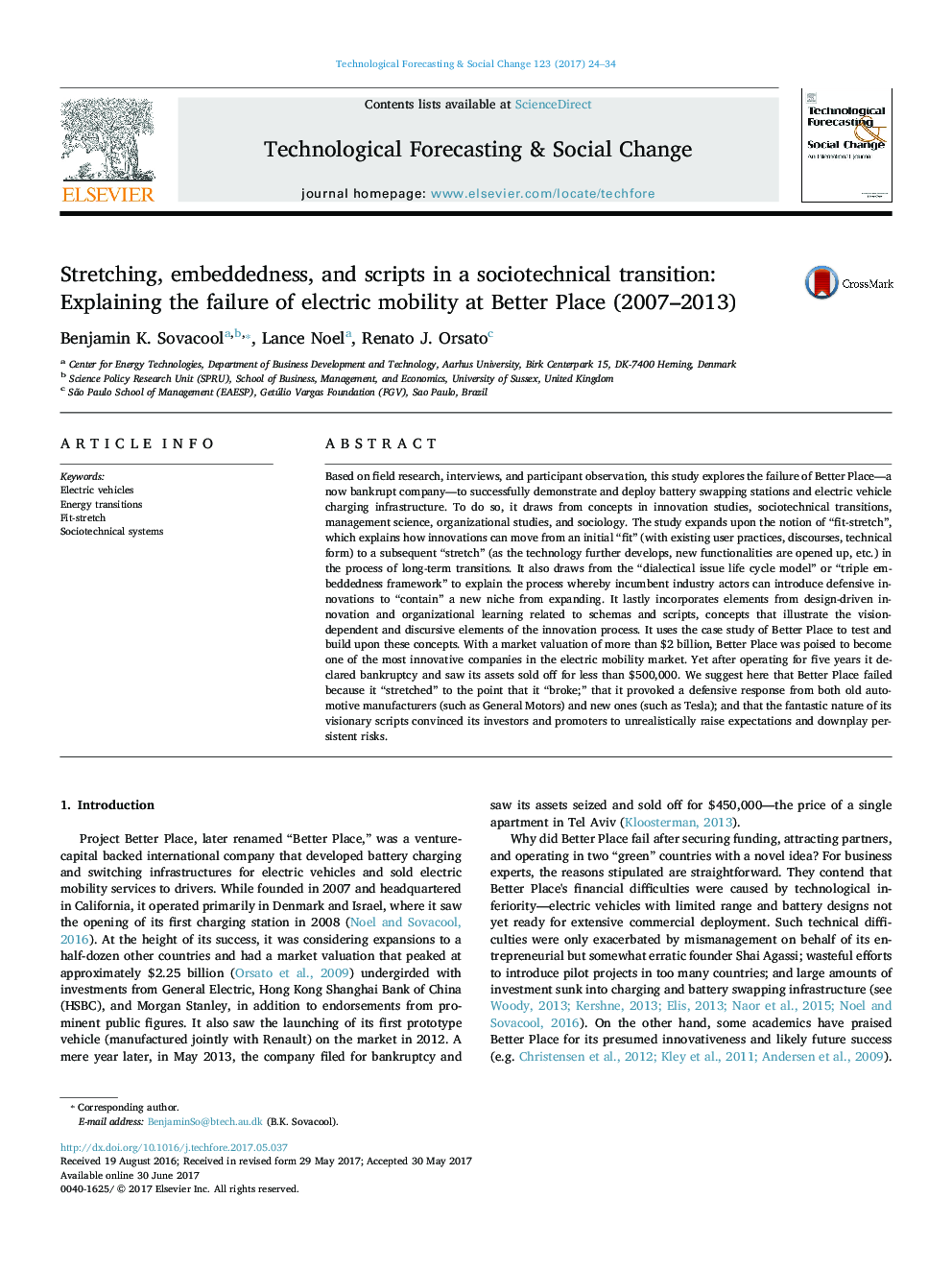 Stretching, embeddedness, and scripts in a sociotechnical transition: Explaining the failure of electric mobility at Better Place (2007-2013)