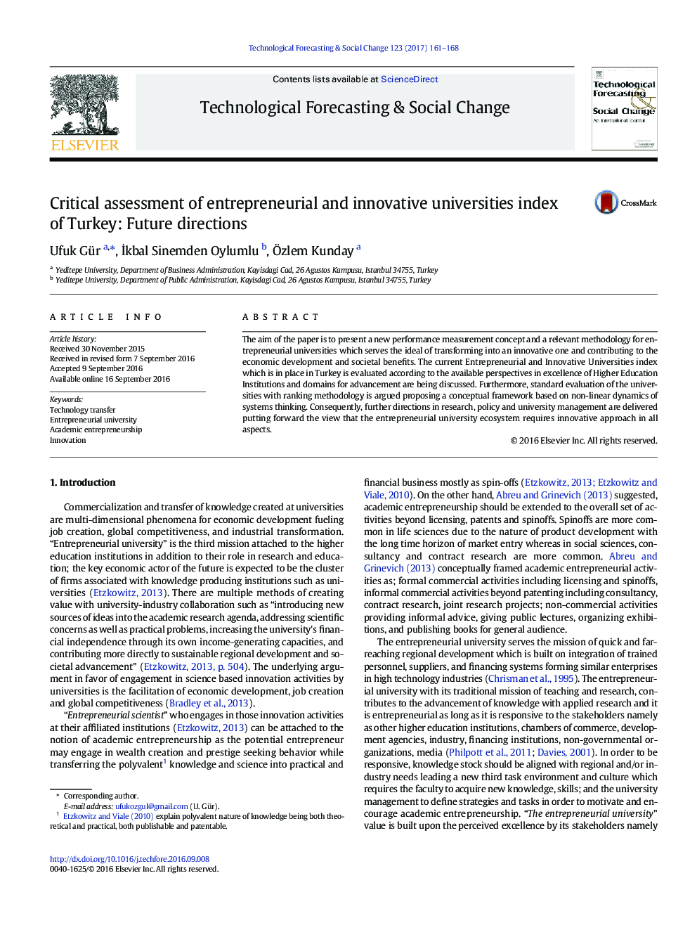 Critical assessment of entrepreneurial and innovative universities index of Turkey: Future directions