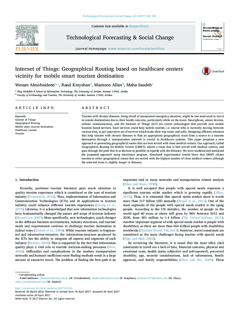 Internet of Things: Geographical Routing based on healthcare centers vicinity for mobile smart tourism destination