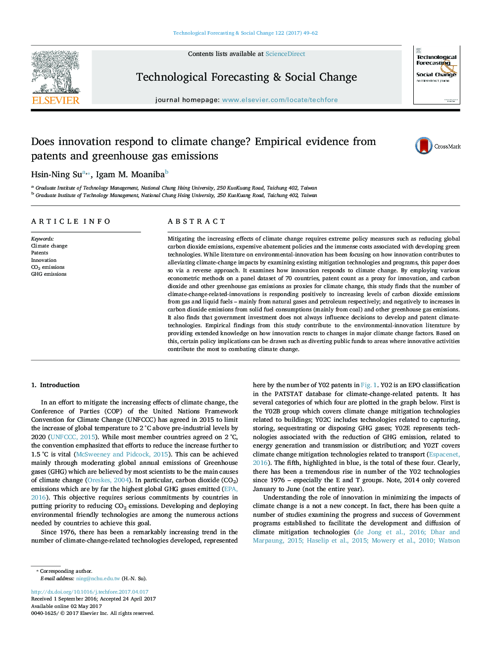 Does innovation respond to climate change? Empirical evidence from patents and greenhouse gas emissions