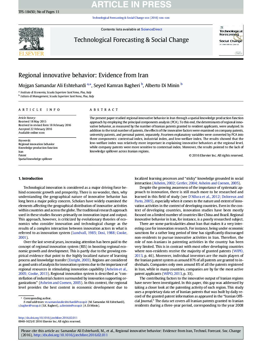 Regional innovative behavior: Evidence from Iran