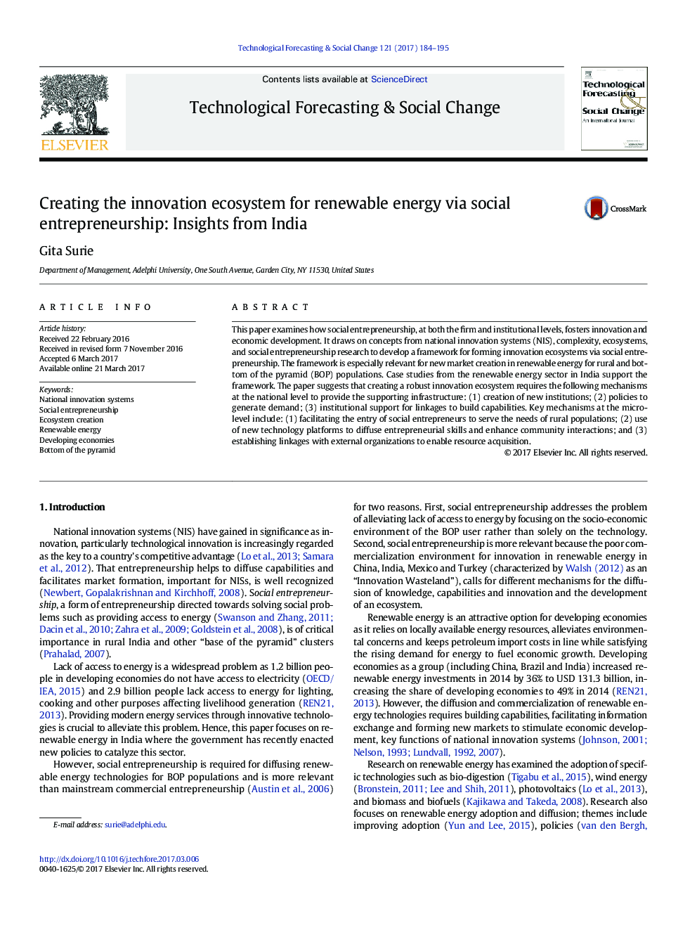 Creating the innovation ecosystem for renewable energy via social entrepreneurship: Insights from India