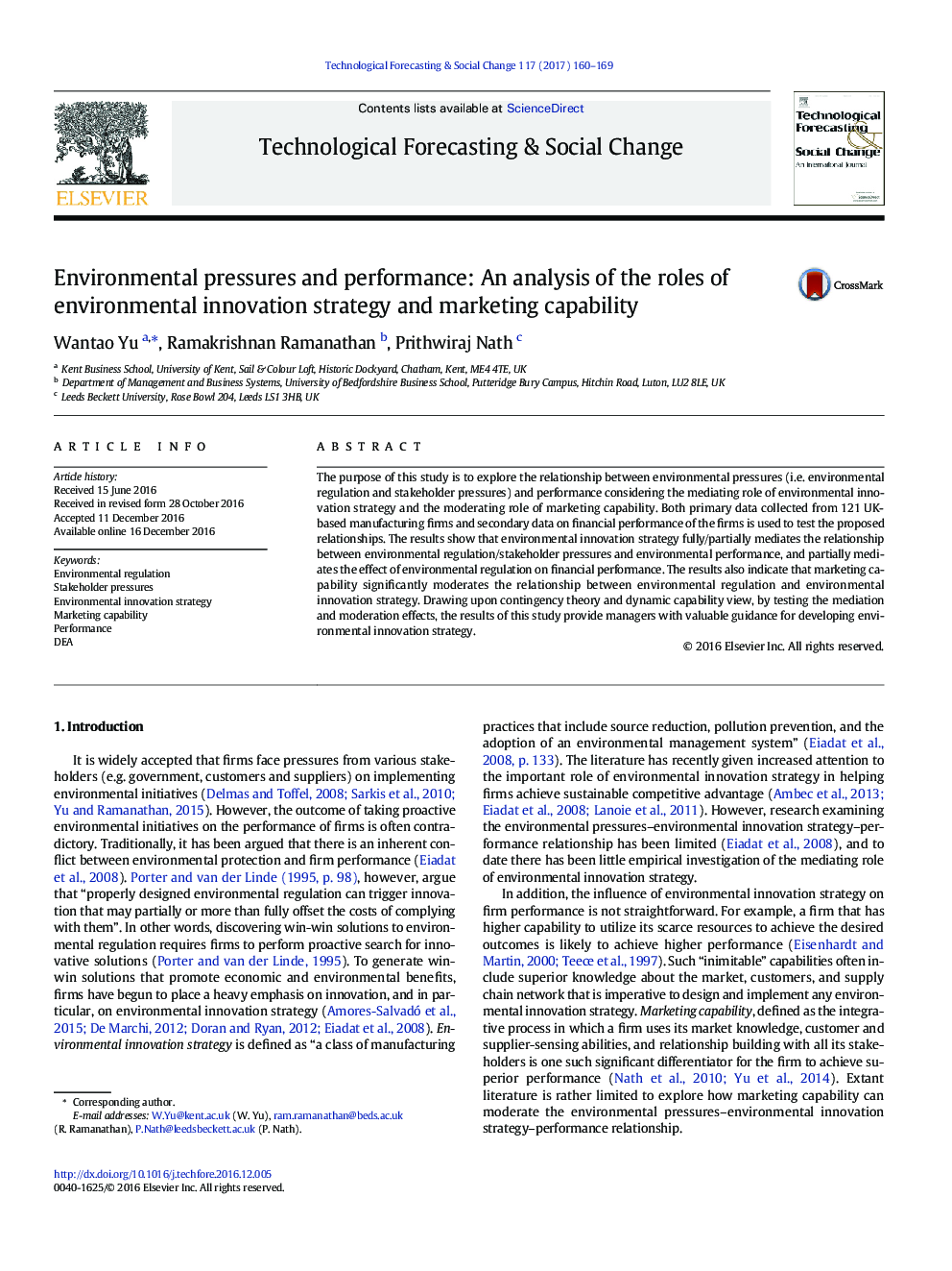 Environmental pressures and performance: An analysis of the roles of environmental innovation strategy and marketing capability