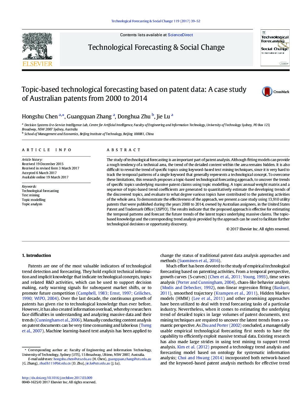 Topic-based technological forecasting based on patent data: A case study of Australian patents from 2000 to 2014