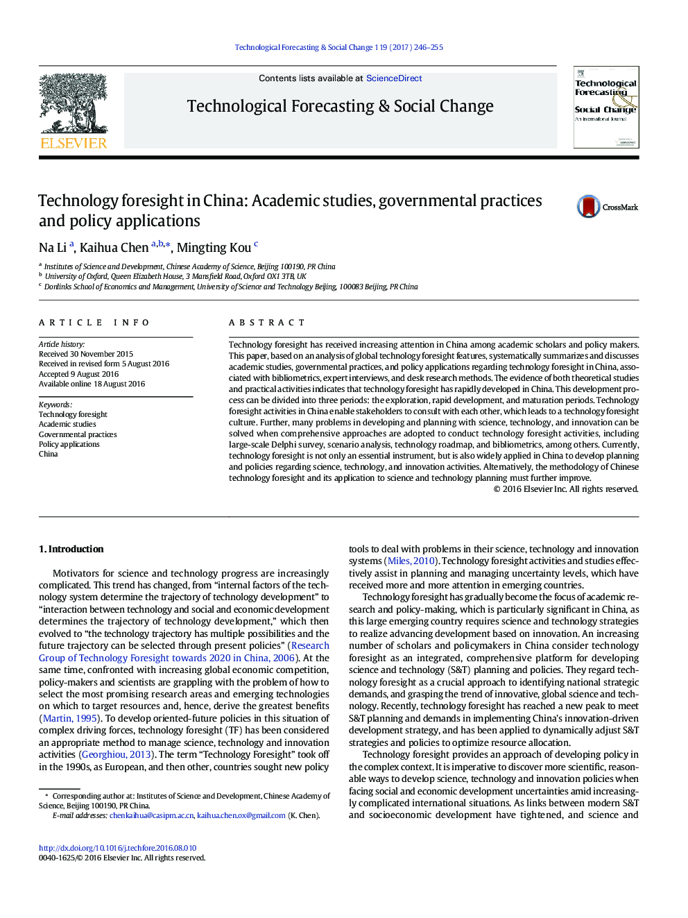 Technology foresight in China: Academic studies, governmental practices and policy applications