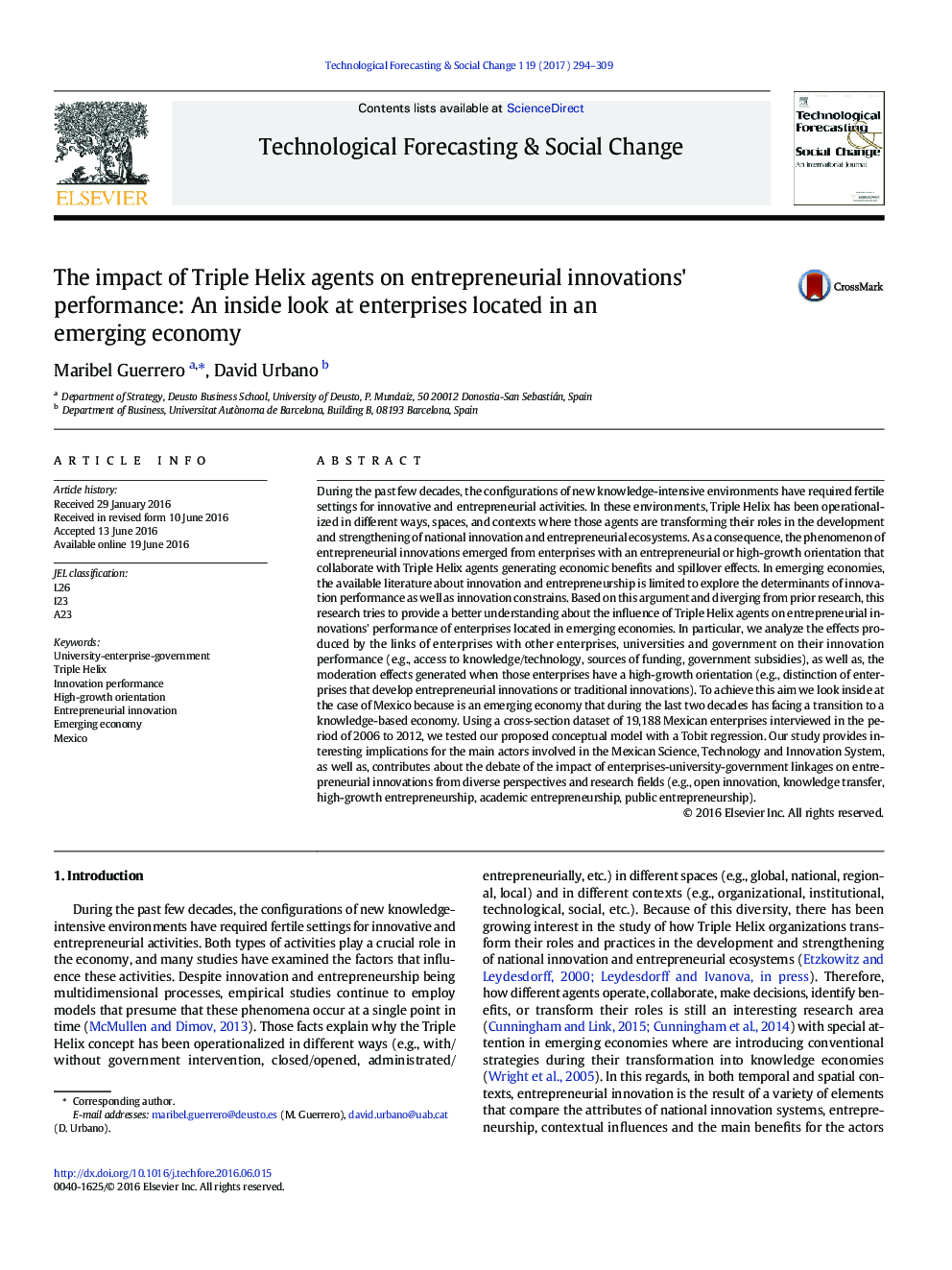 The impact of Triple Helix agents on entrepreneurial innovations' performance: An inside look at enterprises located in an emerging economy