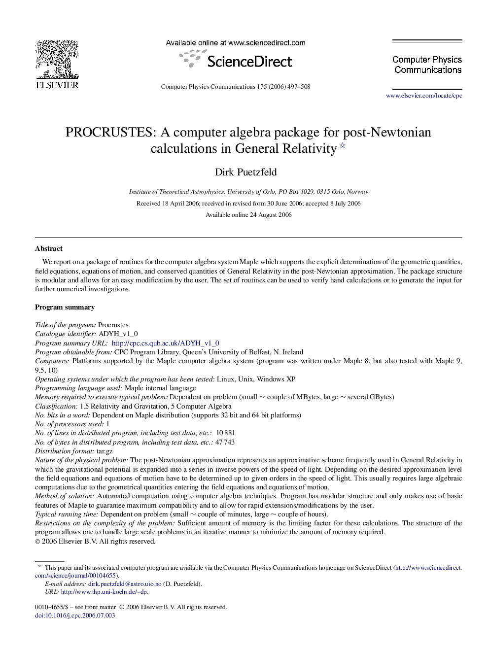 PROCRUSTES: A computer algebra package for post-Newtonian calculations in General Relativity 