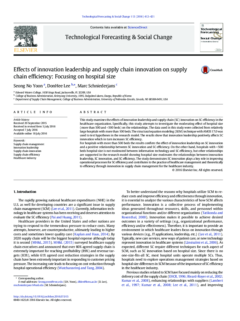 Effects of innovation leadership and supply chain innovation on supply chain efficiency: Focusing on hospital size