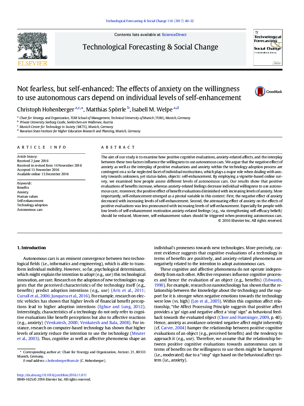 Not fearless, but self-enhanced: The effects of anxiety on the willingness to use autonomous cars depend on individual levels of self-enhancement