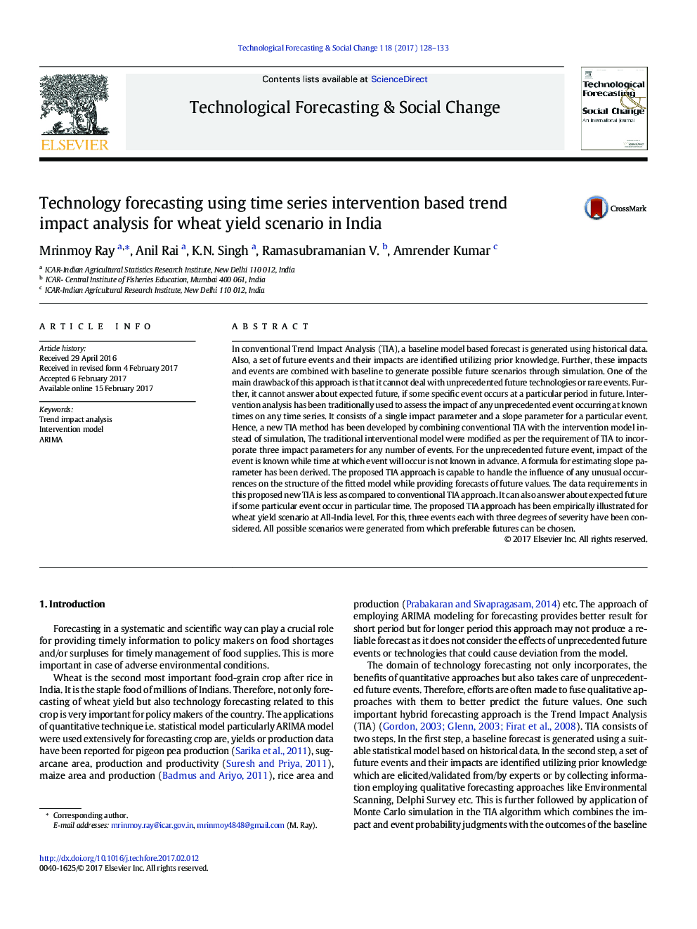 Technology forecasting using time series intervention based trend impact analysis for wheat yield scenario in India