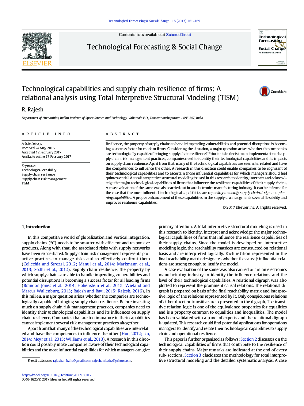 Technological capabilities and supply chain resilience of firms: A relational analysis using Total Interpretive Structural Modeling (TISM)