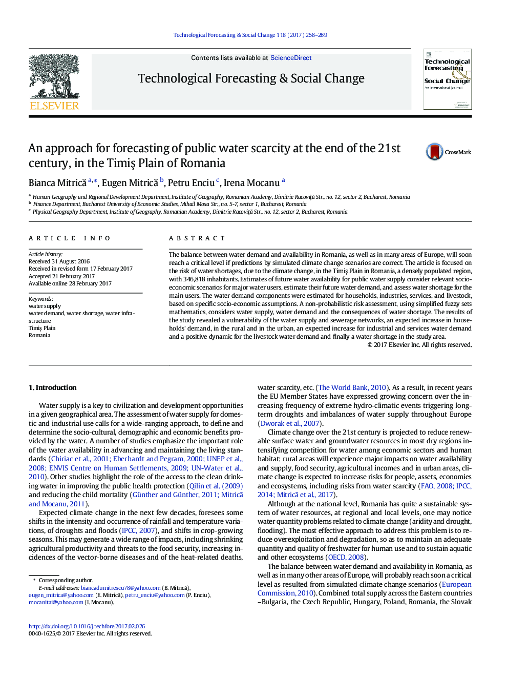 An approach for forecasting of public water scarcity at the end of the 21st century, in the TimiÅ Plain of Romania