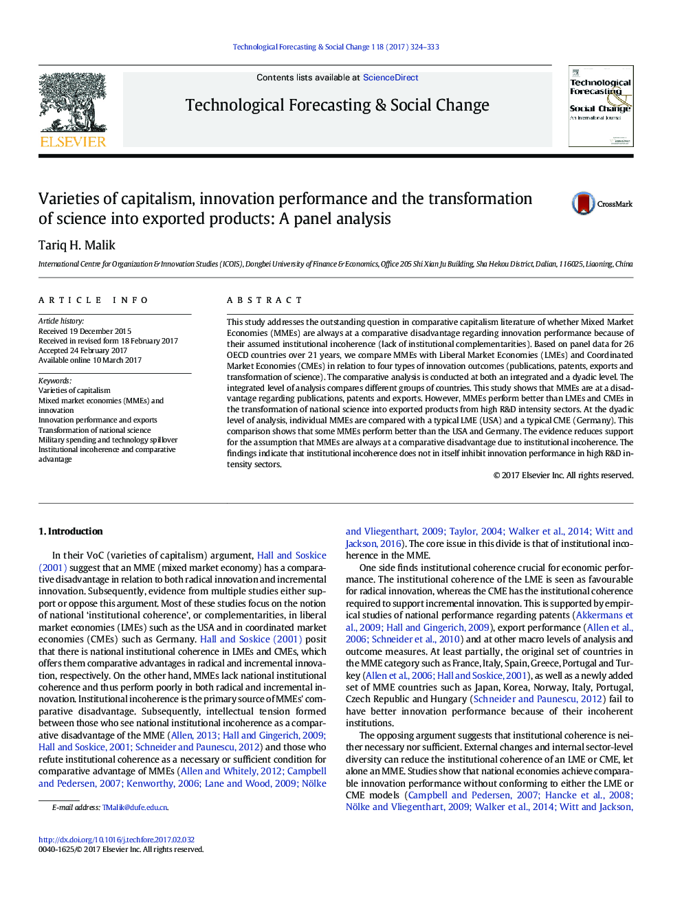 Varieties of capitalism, innovation performance and the transformation of science into exported products: A panel analysis