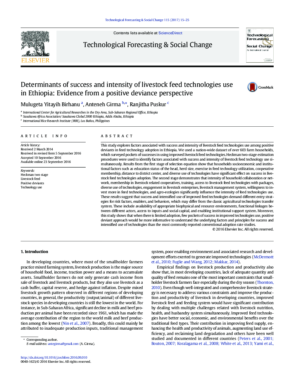 Determinants of success and intensity of livestock feed technologies use in Ethiopia: Evidence from a positive deviance perspective