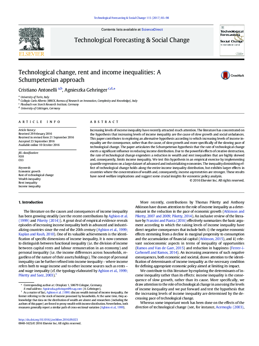 Technological change, rent and income inequalities: A Schumpeterian approach