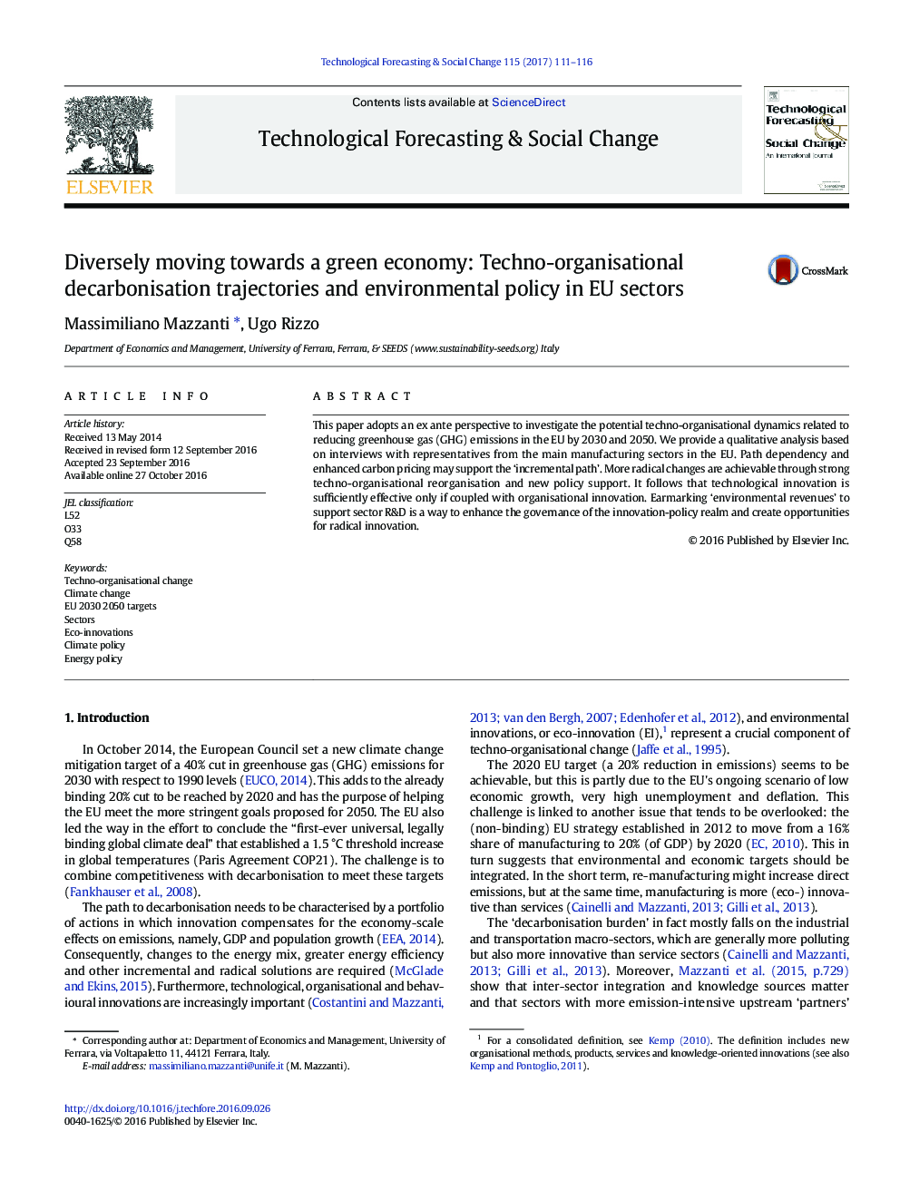 Diversely moving towards a green economy: Techno-organisational decarbonisation trajectories and environmental policy in EU sectors