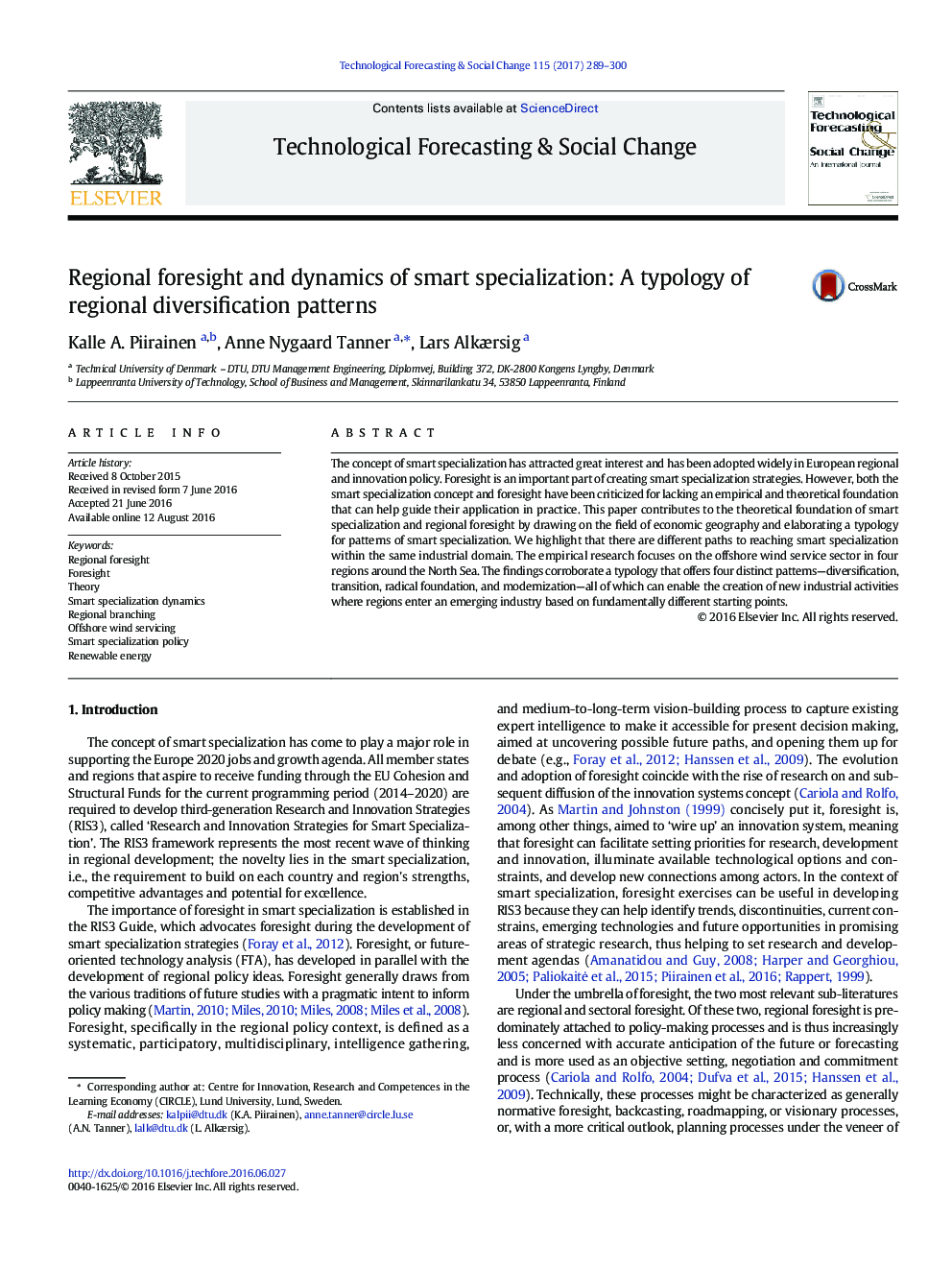 Regional foresight and dynamics of smart specialization: A typology of regional diversification patterns