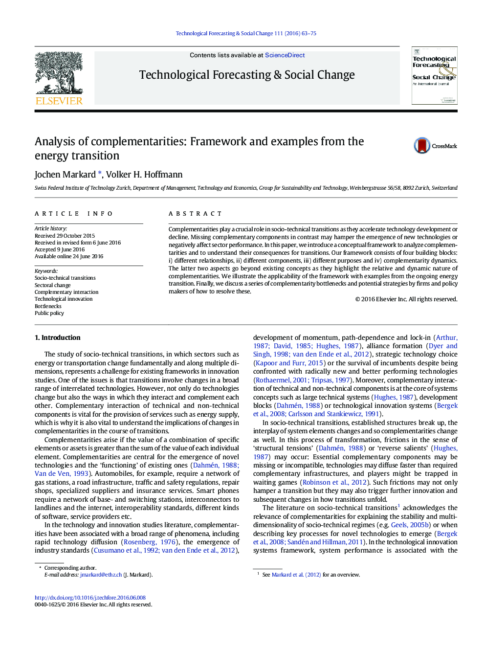Analysis of complementarities: Framework and examples from the energy transition