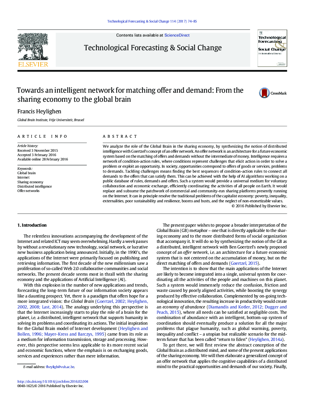 Towards an intelligent network for matching offer and demand: From the sharing economy to the global brain