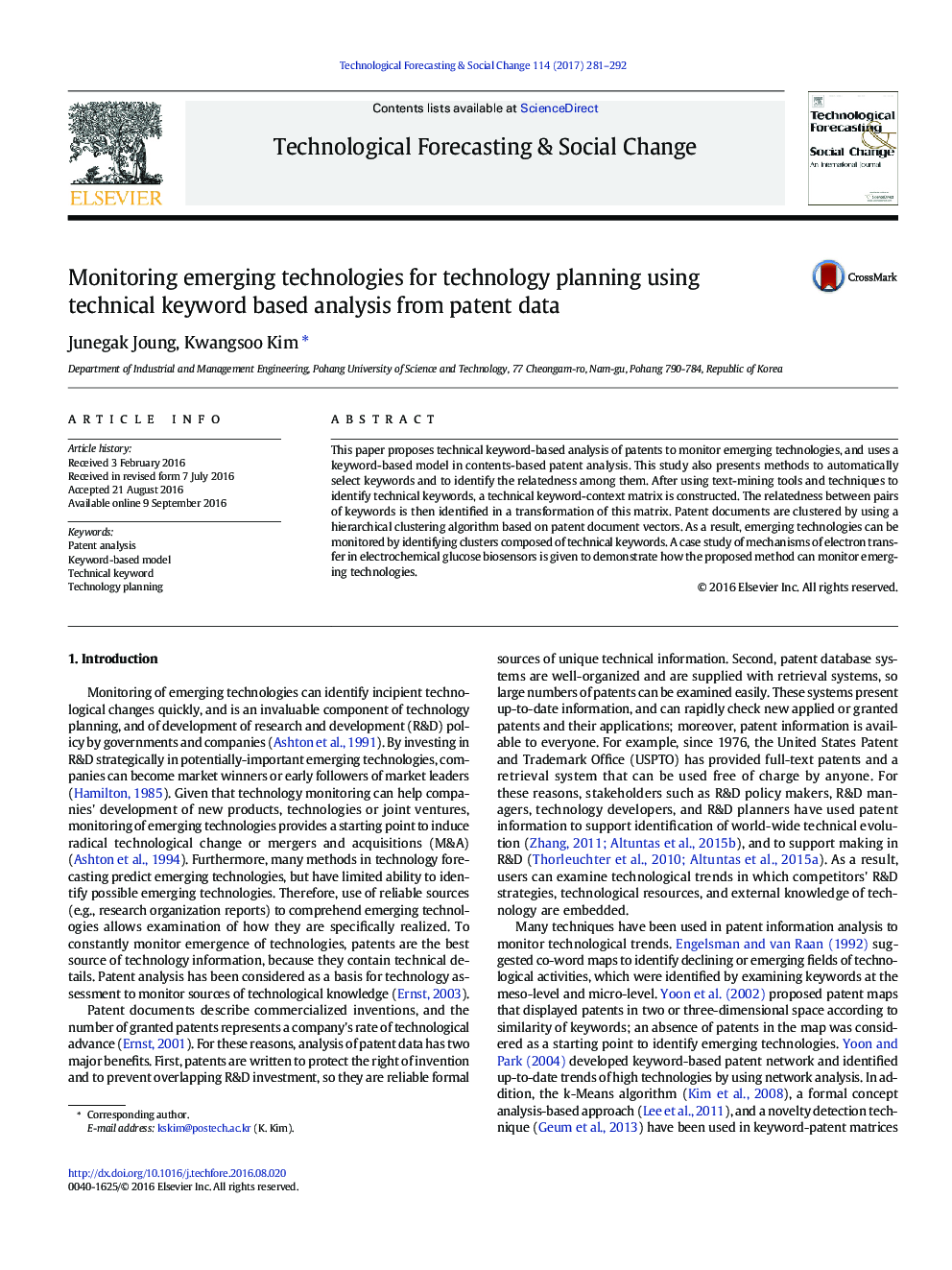 Monitoring emerging technologies for technology planning using technical keyword based analysis from patent data