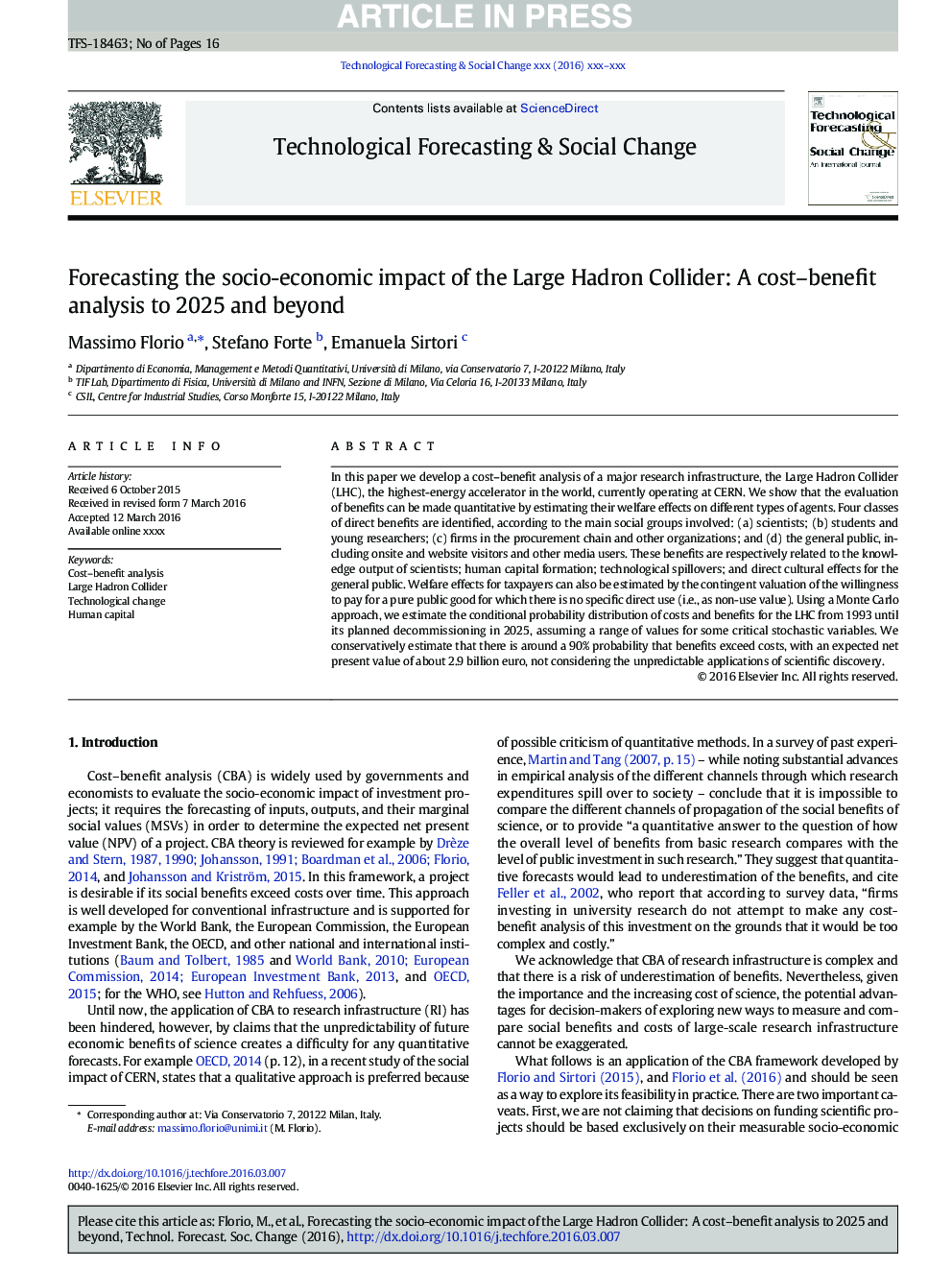 Forecasting the socio-economic impact of the Large Hadron Collider: A cost-benefit analysis to 2025 and beyond