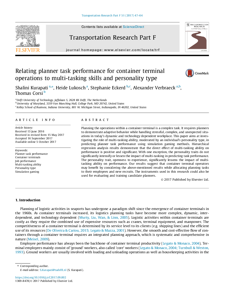 Relating planner task performance for container terminal operations to multi-tasking skills and personality type