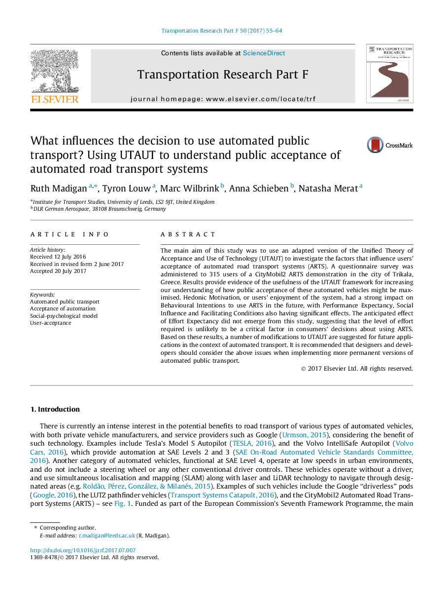 What influences the decision to use automated public transport? Using UTAUT to understand public acceptance of automated road transport systems