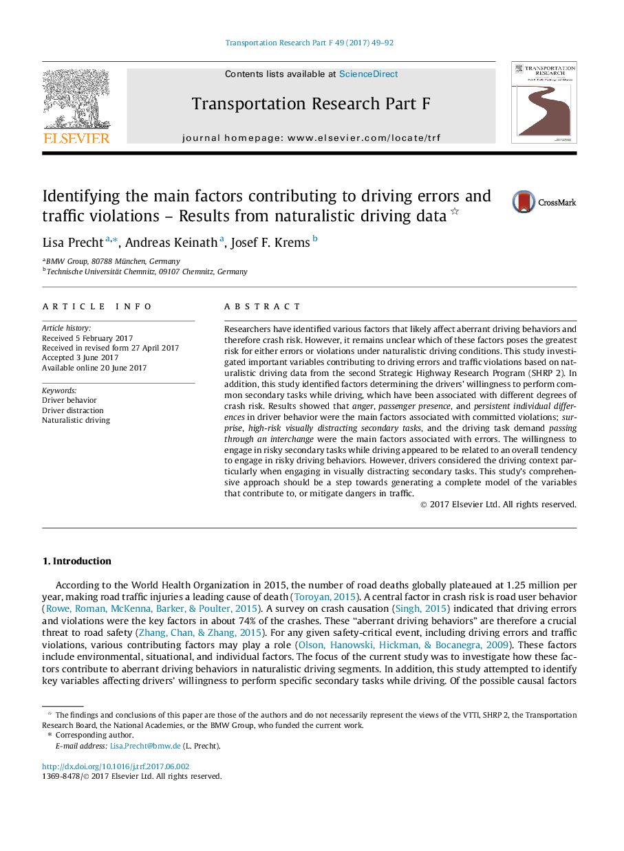 Identifying the main factors contributing to driving errors and traffic violations - Results from naturalistic driving data