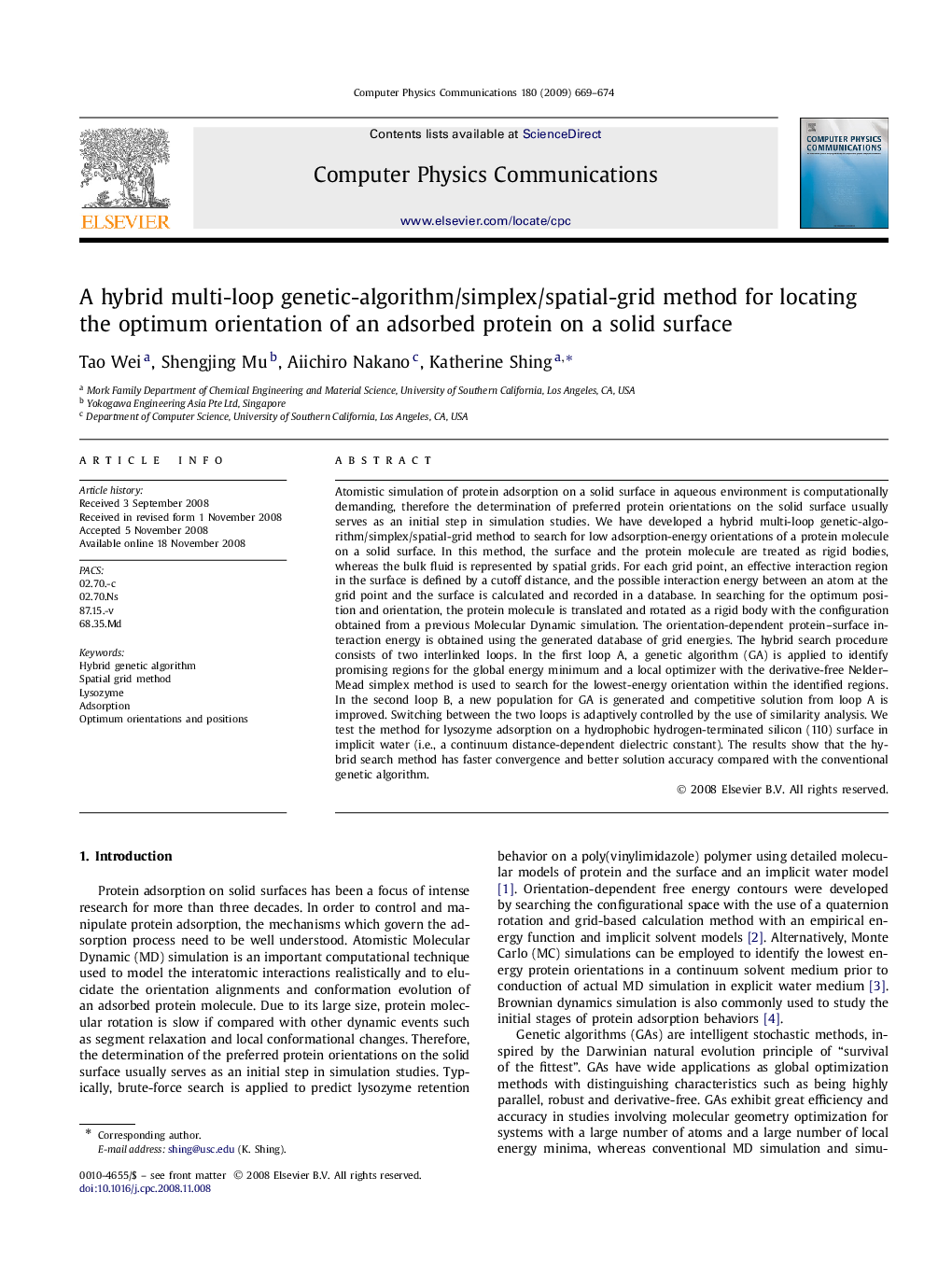 A hybrid multi-loop genetic-algorithm/simplex/spatial-grid method for locating the optimum orientation of an adsorbed protein on a solid surface