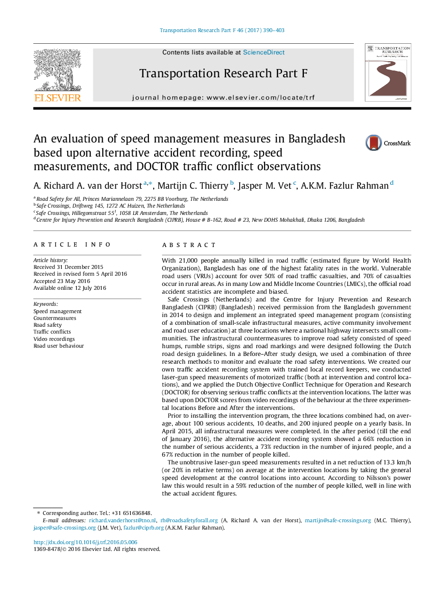 An evaluation of speed management measures in Bangladesh based upon alternative accident recording, speed measurements, and DOCTOR traffic conflict observations