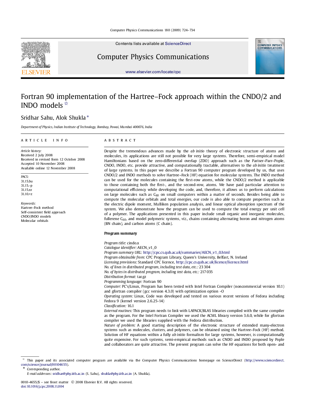 Fortran 90 implementation of the Hartree–Fock approach within the CNDO/2 and INDO models 