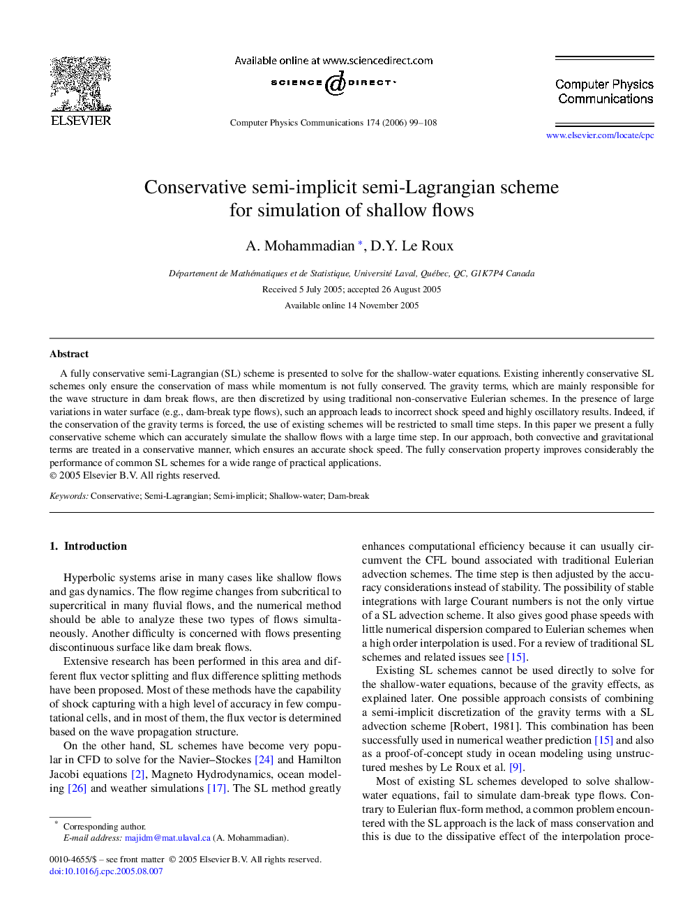 Conservative semi-implicit semi-Lagrangian scheme for simulation of shallow flows