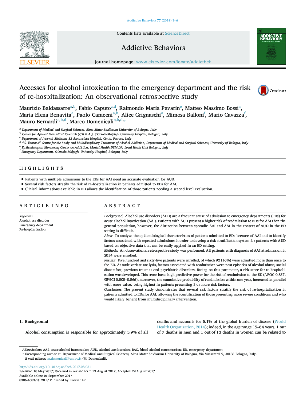 Accesses for alcohol intoxication to the emergency department and the risk of re-hospitalization: An observational retrospective study