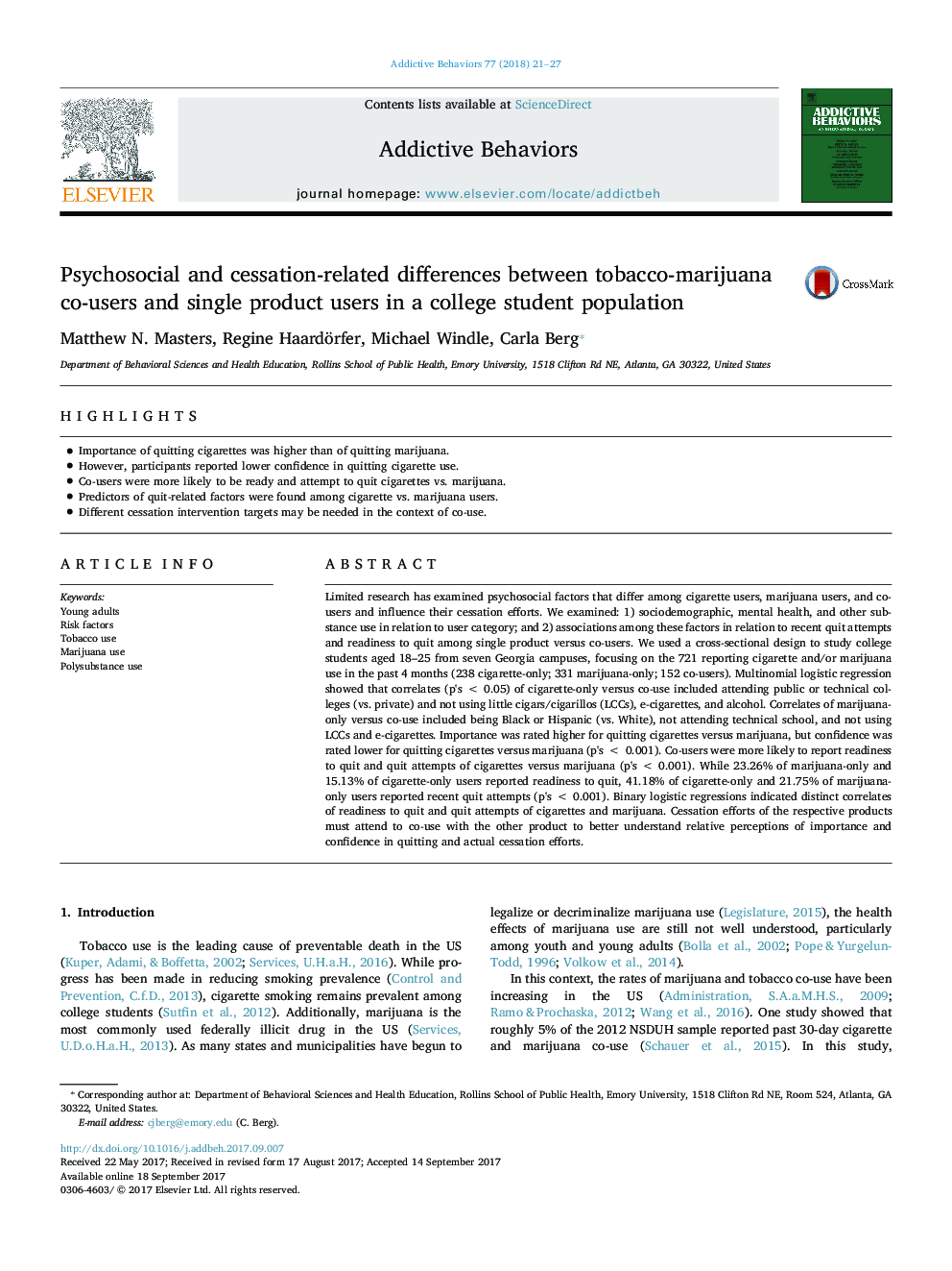 Psychosocial and cessation-related differences between tobacco-marijuana co-users and single product users in a college student population