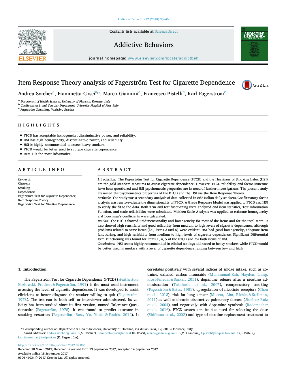 Item Response Theory analysis of Fagerström Test for Cigarette Dependence