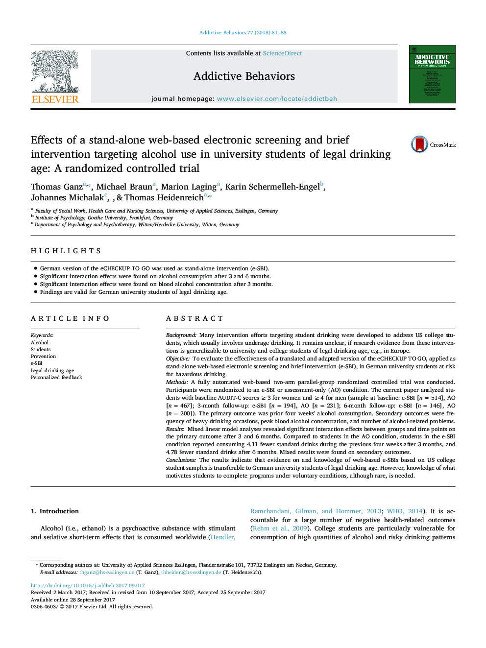 Effects of a stand-alone web-based electronic screening and brief intervention targeting alcohol use in university students of legal drinking age: A randomized controlled trial